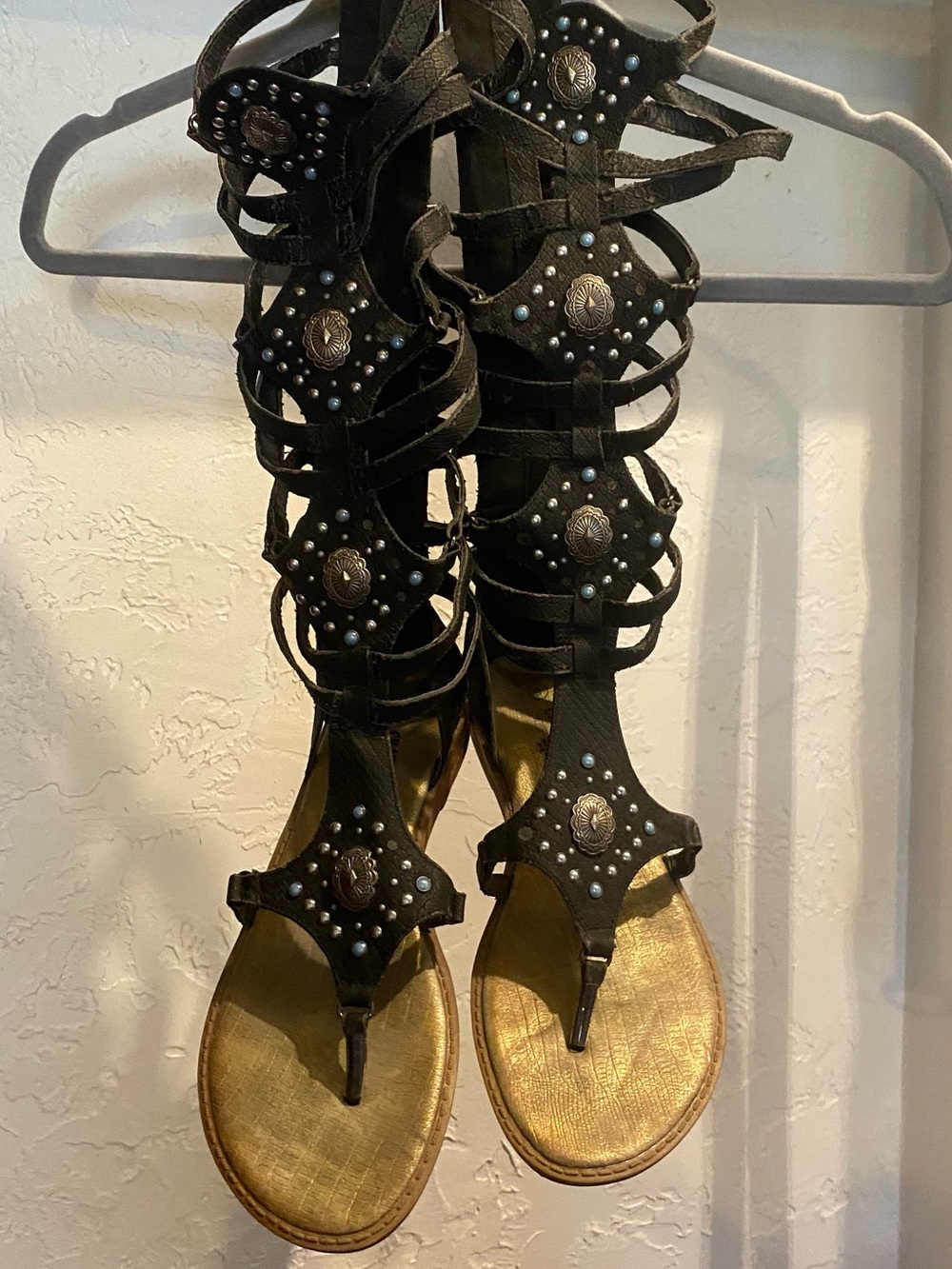 Crazy Train Black Gladiator Sandals with Gold Footbed and Turquoise Accents